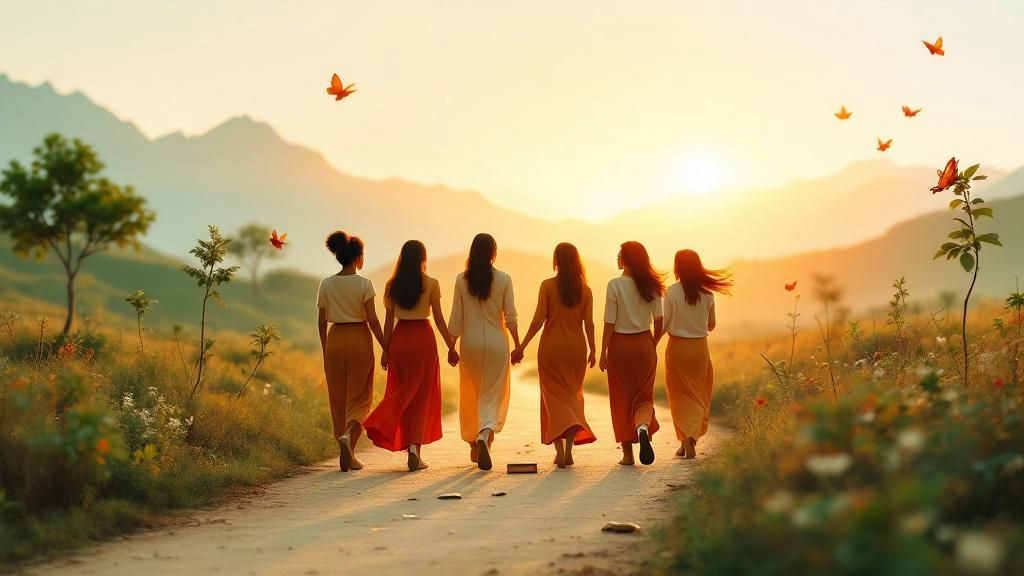 People walking a path of personal growth with nature symbols, representing transformation journeys.