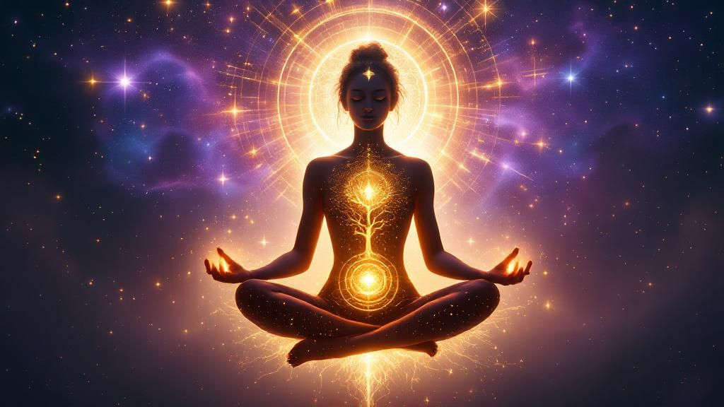 Meditation and cosmic energy merging, symbolizing spiritual awakening and higher consciousness.