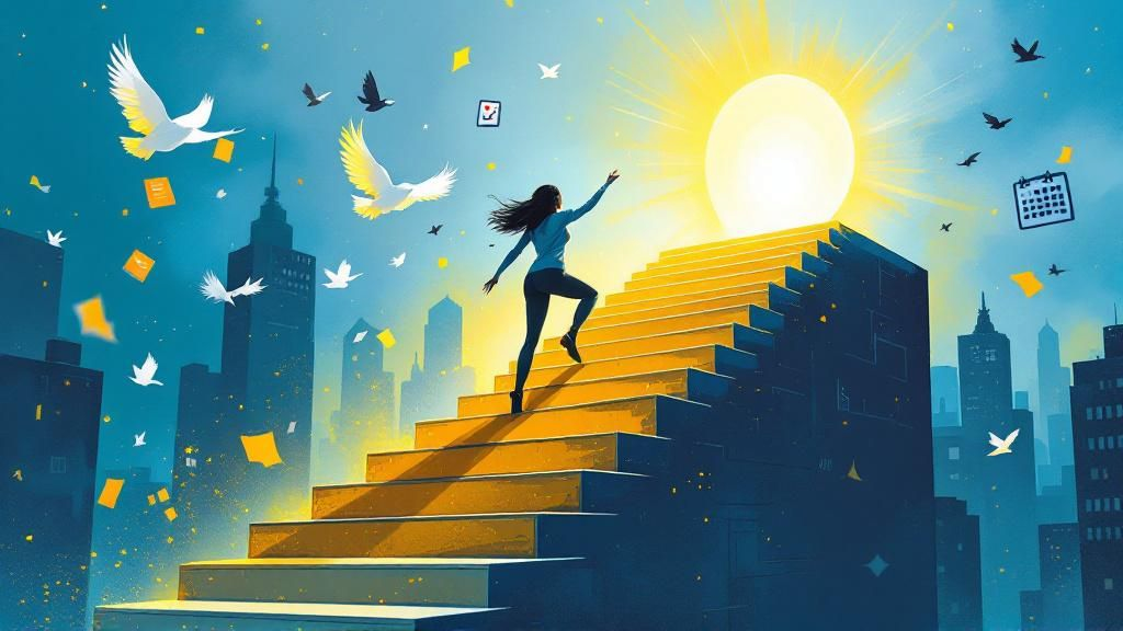 Woman climbing a glowing staircase toward success, symbolizing productivity and achievement.
