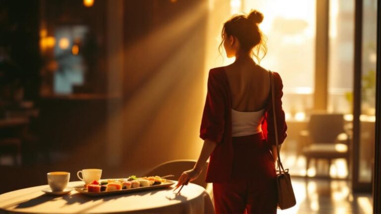 Woman walking away from restaurant table with crossed chopsticks, symbolizing choosing self-respect over incompatible relationships. Red blazer, boundary setting, emotional empowerment.