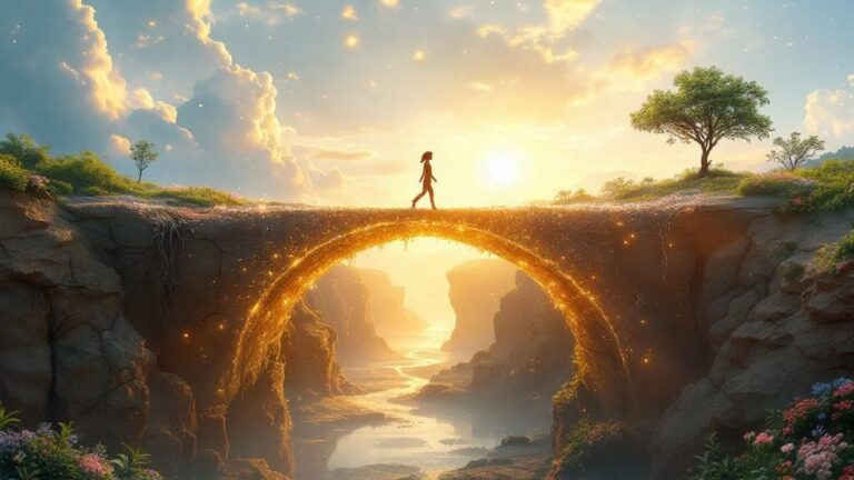 eft Side (The Heal): Slightly darker, with cracked earth, tangled roots (representing excavation), and a small, tender sapling. Right Side (The Glow): Lush, vibrant, and radiant, with blooming flowers, a strong tree, and warm sunlight. On the Bridge: A stylized, elegant silhouette of a person walking from left to right, in a posture of calm confidence. Why it works: Perfectly visualizes the core thesis: "This is the bridge between your inner world and your outer reality." It’s symbolic, hopeful, and clearly represents the journey.